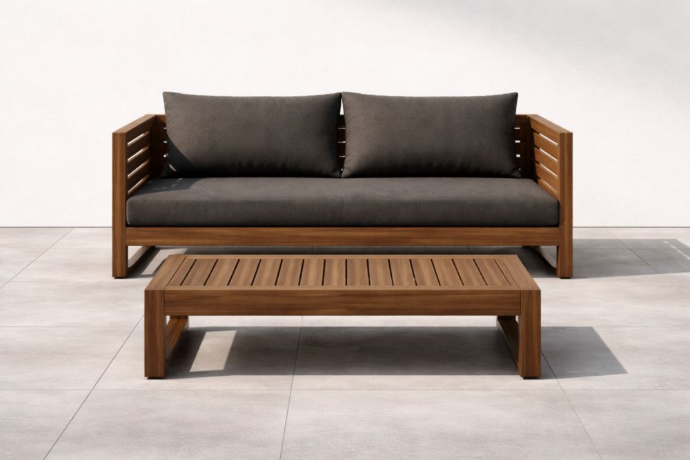 Canapé extérieur en bois d'acacia avec coussins en polyester gris et table basse.