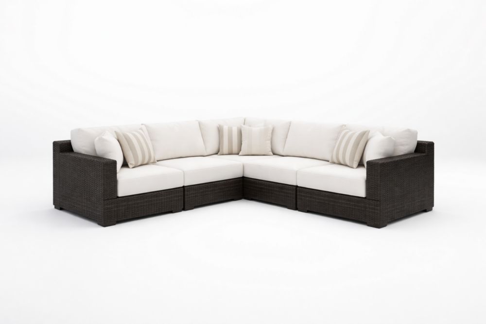 Canapé d'angle modulable extérieur en résine tressée avec coussins en polyester blanc et gris foncé