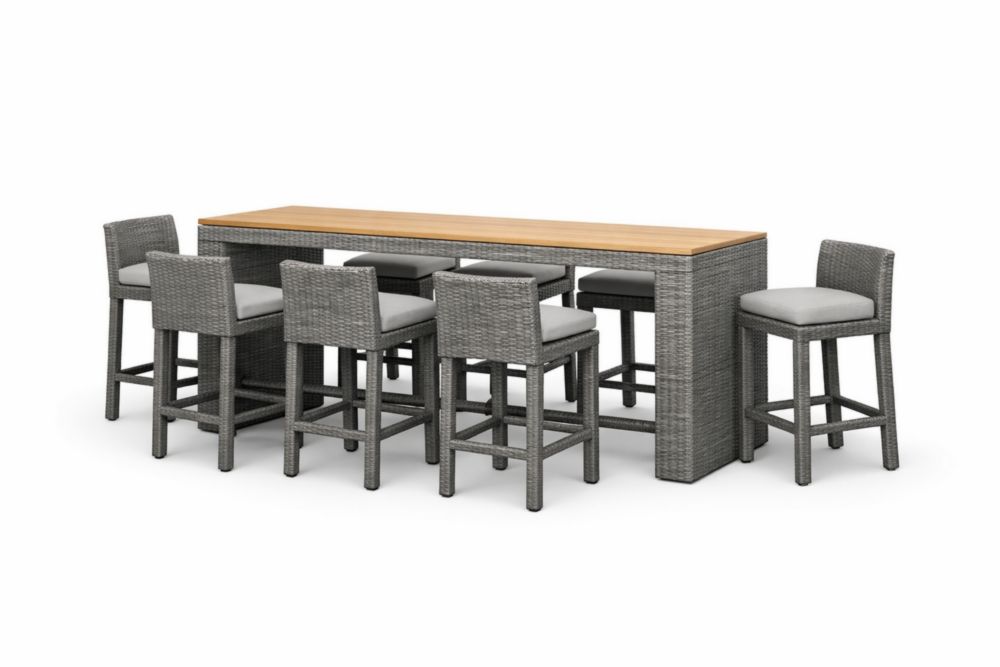 Ensemble de bar extérieur avec table haute en résine tressée et aluminium, plateau en bois de teck et chaises