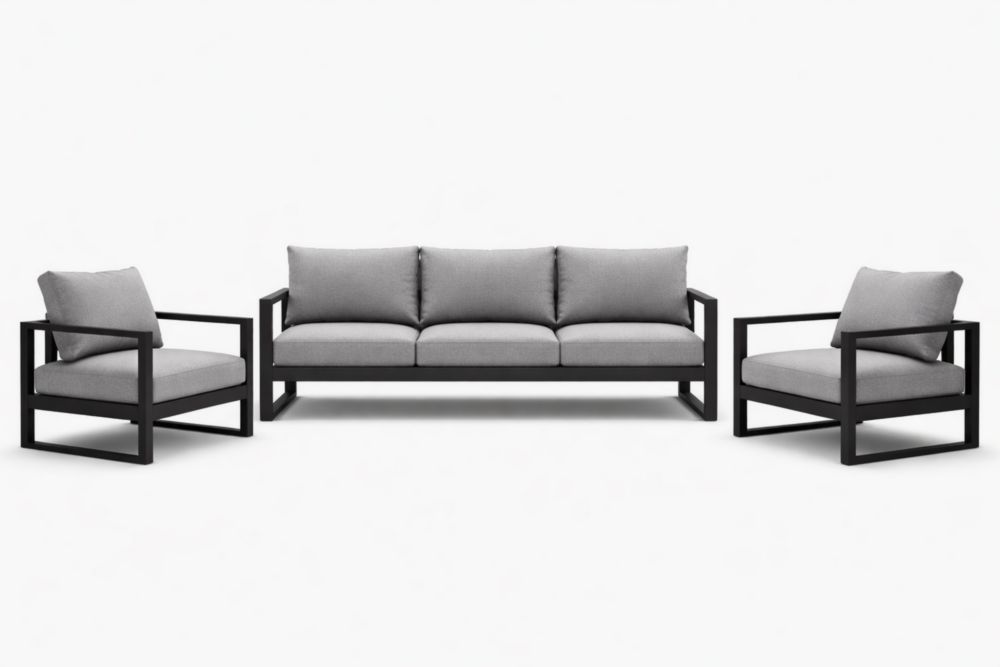 Ensemble de Salon de Jardin en Aluminium Noir avec Coussins Gris