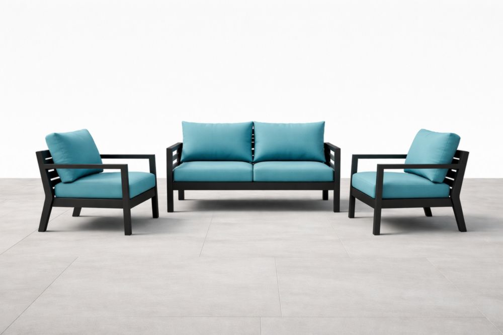 Ensemble de salon de réception extérieur en aluminium avec coussins en polyester bleu