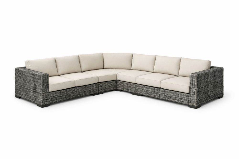 Canapé d'angle extérieur en résine tressée gris avec coussins en polyester beige