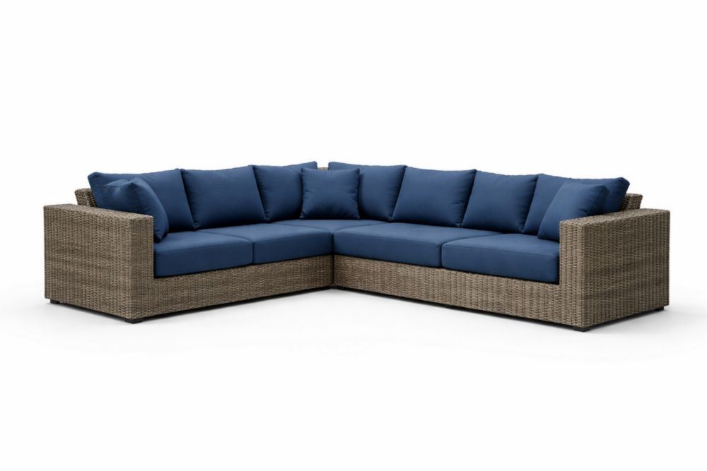 Canapé d'angle extérieur en résine avec coussins bleu