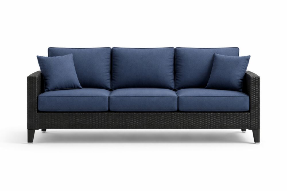 Canapé 3 places extérieur en résine tressée avec coussin en polyester bleu