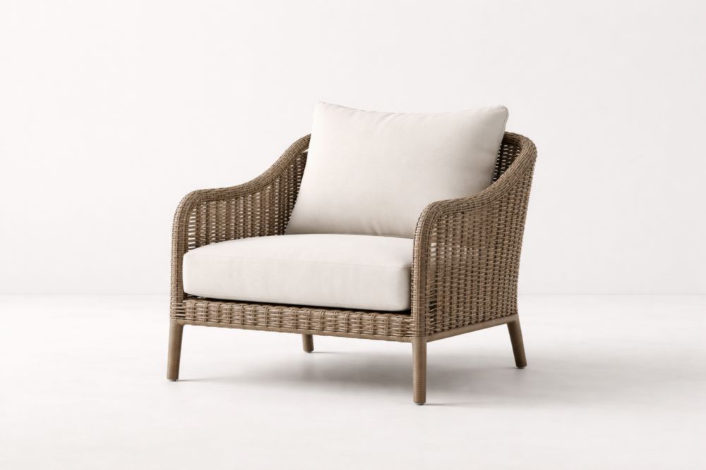 Fauteuil extérieur en résine tressée avec coussins en polyester beige