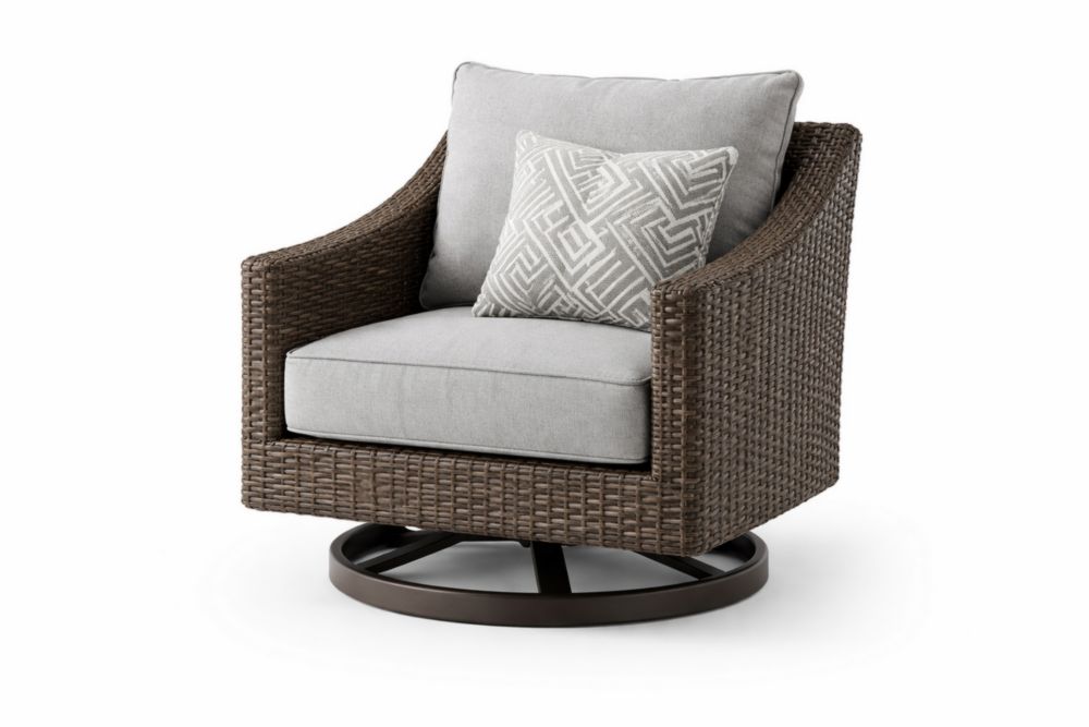 Fauteuil pivotant extérieur en résine tressée avec coussin gris