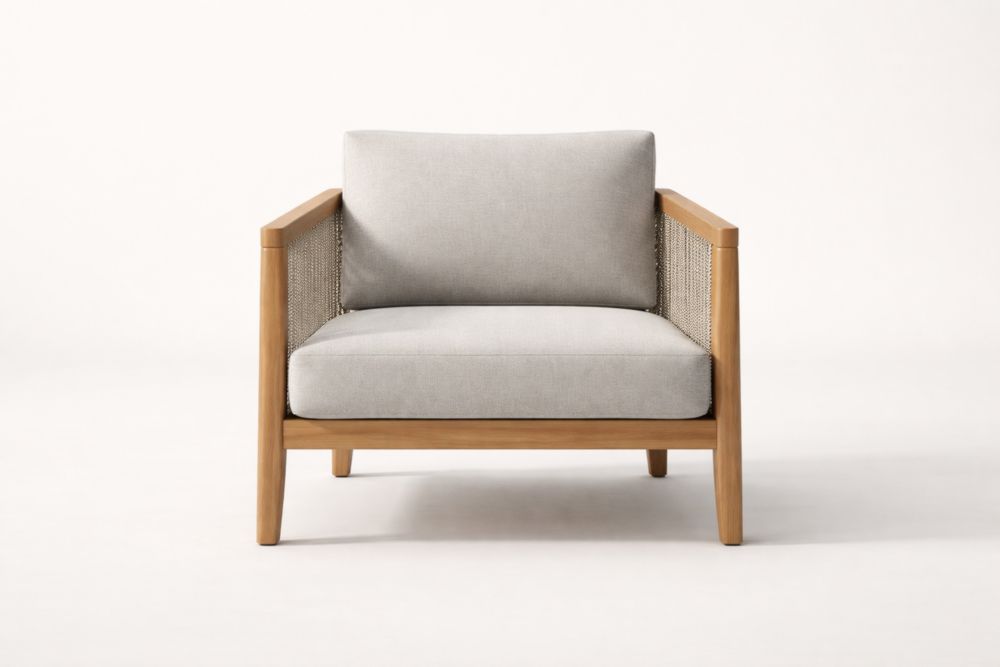 Fauteuil extérieur en bois massif avec coussins en tissu polyester gris