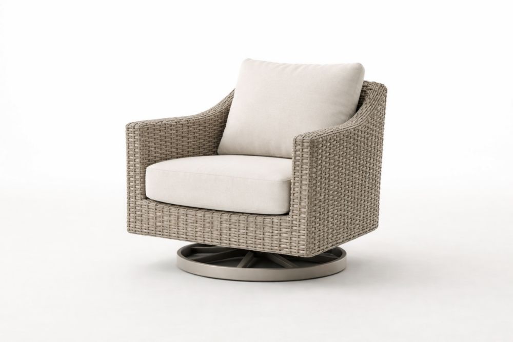 Fauteuil pivotant extérieur en résine tressée avec coussins crème
