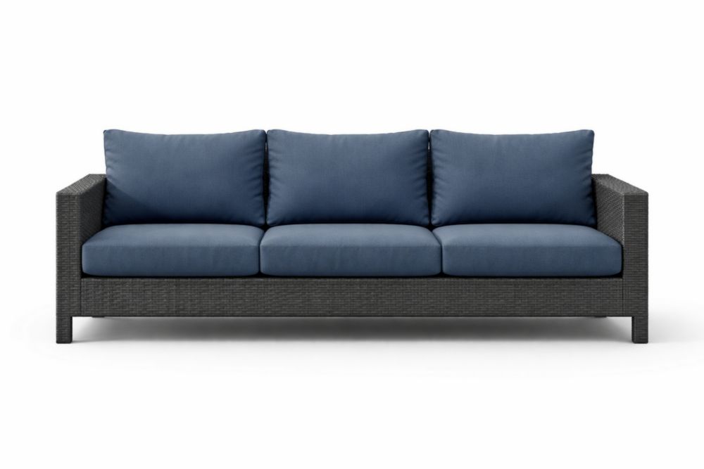 Canapé d'extérieur en résine tressée et coussins bleu