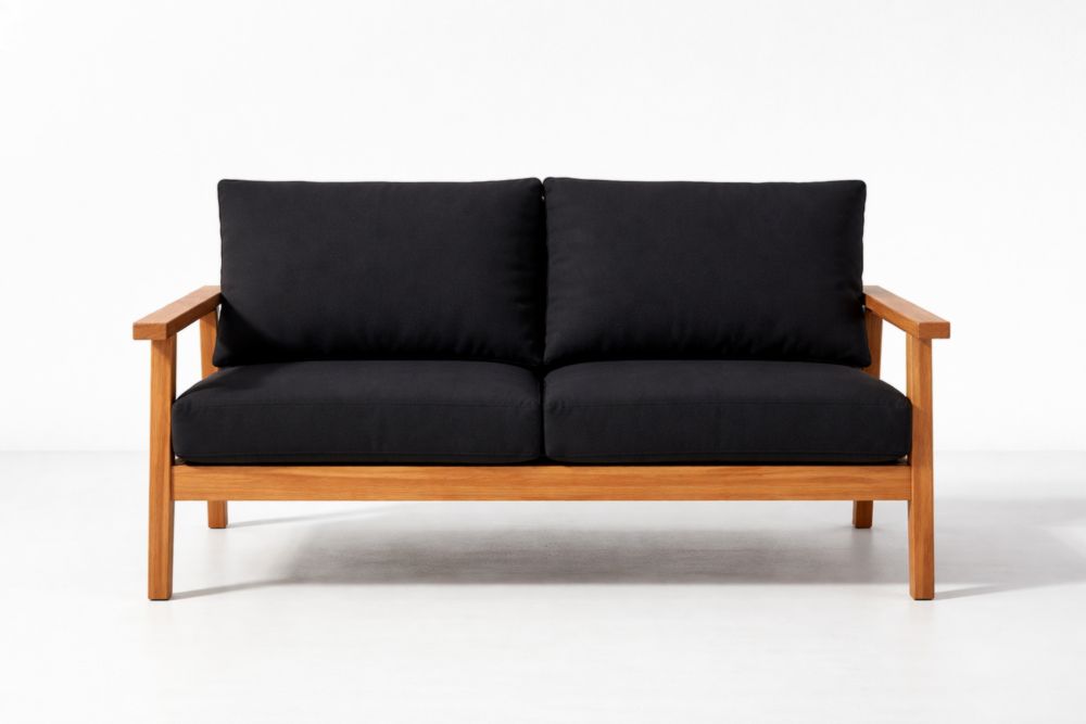 Canapé 2 places extérieur en bois d'acacia avec coussins en polyester noir