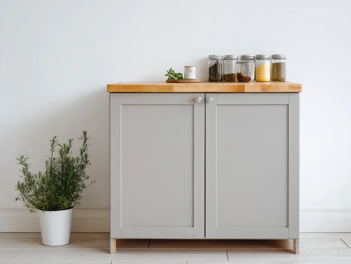Buffet bas en bois 120x45x90 cm - gris clair/chêne - rangement cuisine épuré-Luxeuphaus
