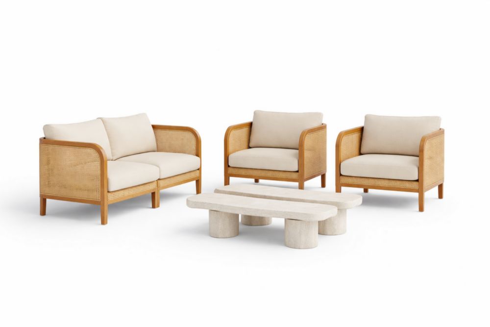 Ensemble de Salon en Rotin avec Coussins Beige et Table Basse en Pierre