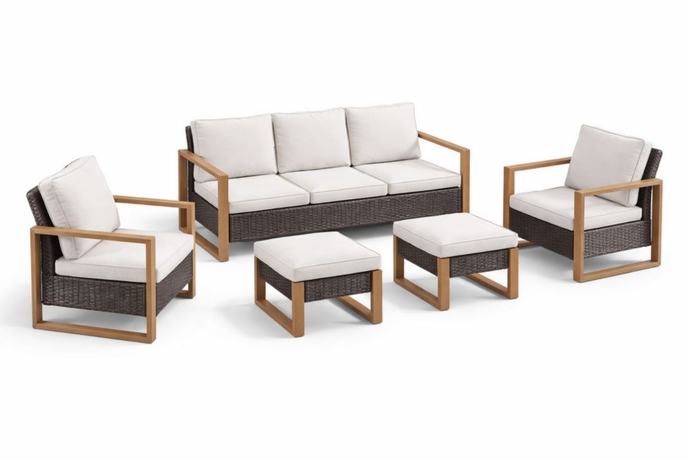 Ensemble de jardin en rotin synthétique et bois avec coussins crème