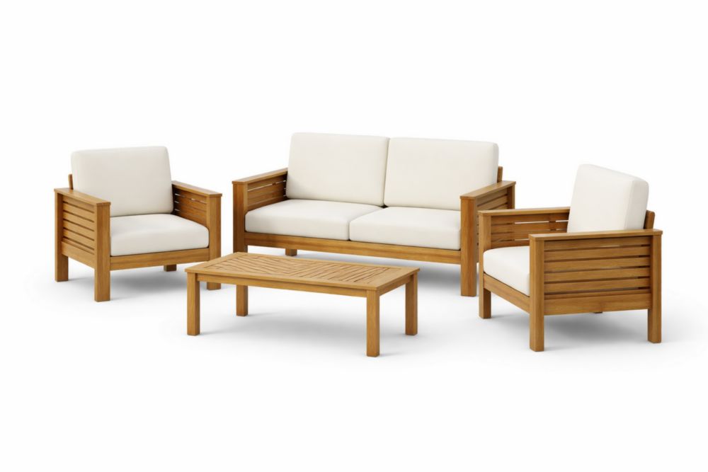 Ensemble de Salon de Jardin en Bois massif avec Coussins en Tissu Blanc