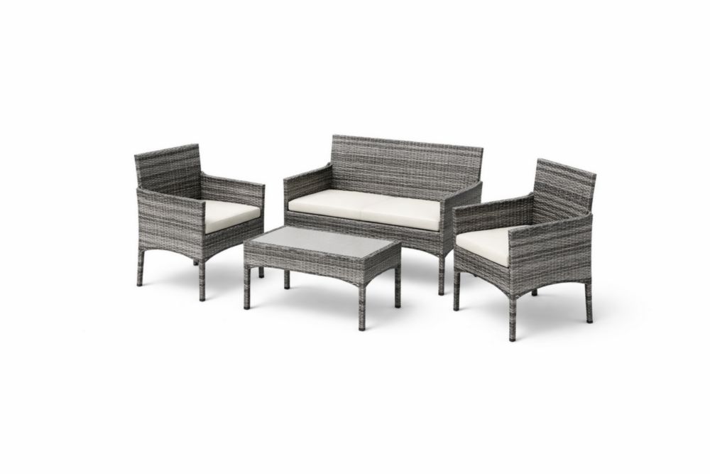 Ensemble de jardin en résine tressée gris avec coussins blancs