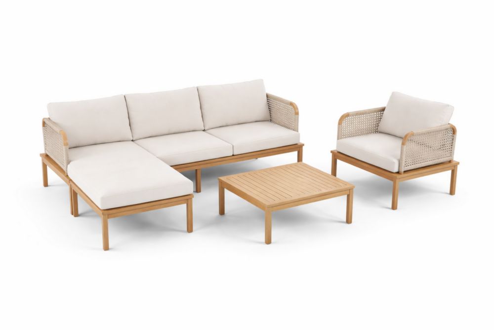 Ensemble de Canapé d'Angle en Bois massif et Rotin Beige