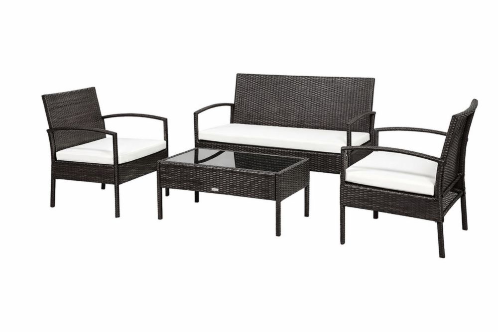 Ensemble de mobilier de jardin en rotin noir avec coussins blancs