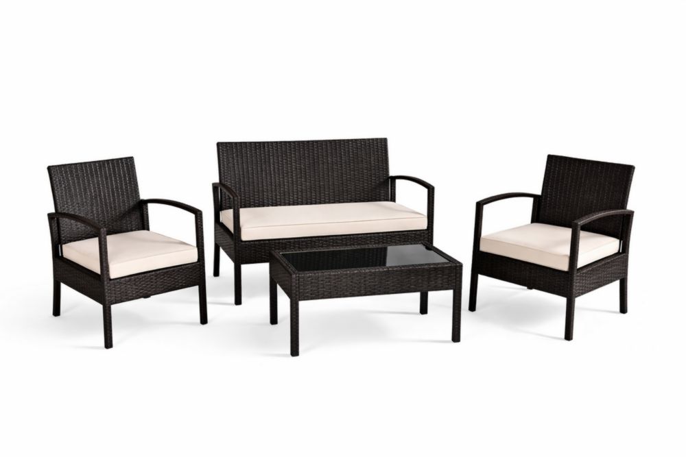 Ensemble de mobilier de jardin en résine tressée noire avec coussins beiges et table en verre