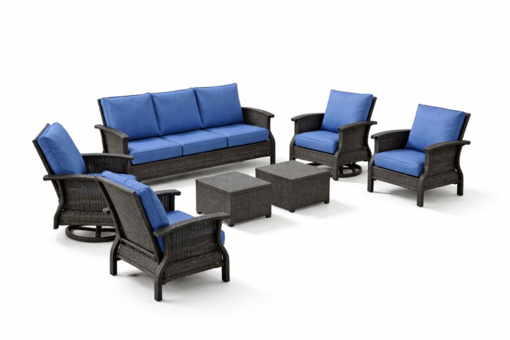 Ensemble de meubles de jardin en résine tressée noir avec coussins en tissu bleu