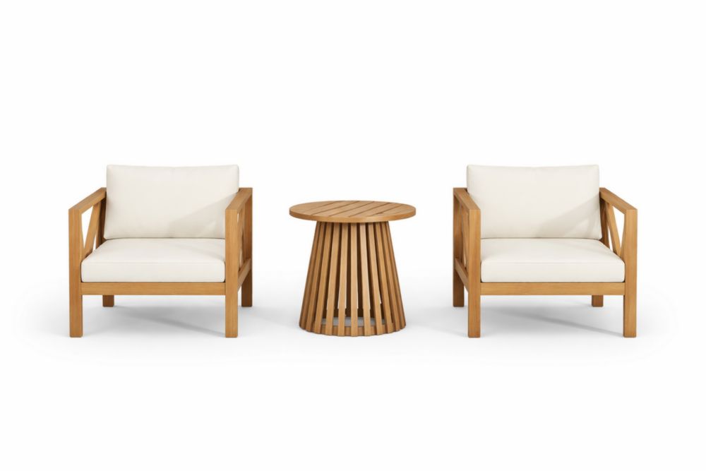 Ensemble de 2 Fauteuils en Bois d'Acacia avec Table d'Appoint Ronde