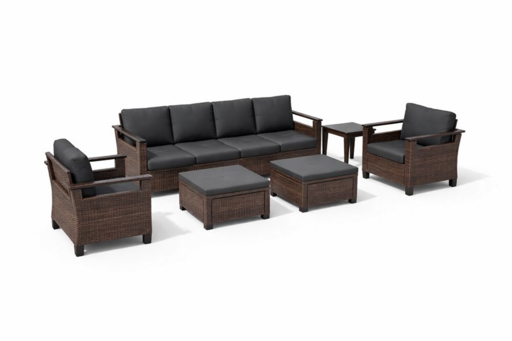 Ensemble de Salon de Jardin en Résine Tressée Marron avec Coussins Gris