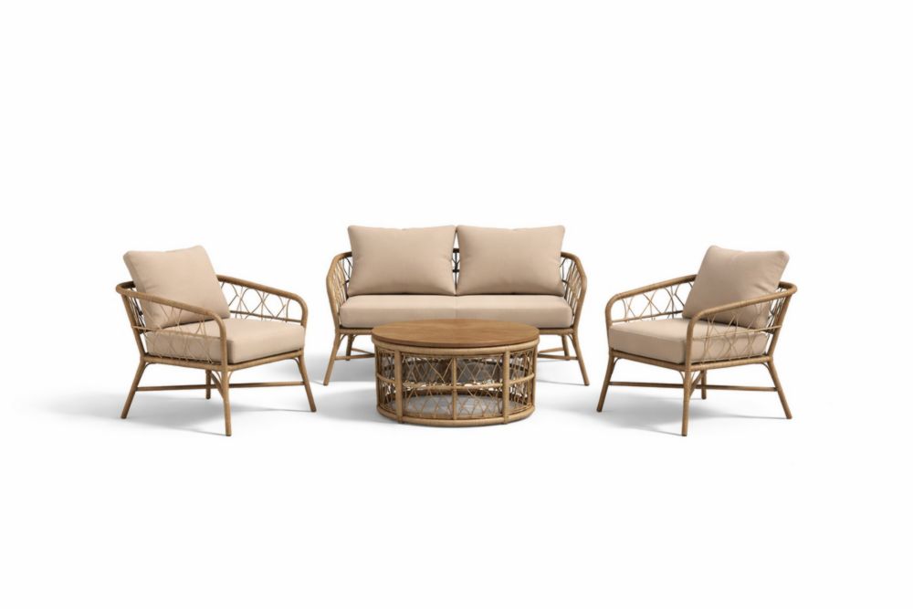 Ensemble de Salon en Rotin avec Coussins en Polyester Crème