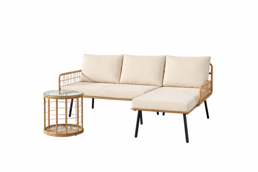 Canapé d'Angle en Rotin avec Table Basse en Verre