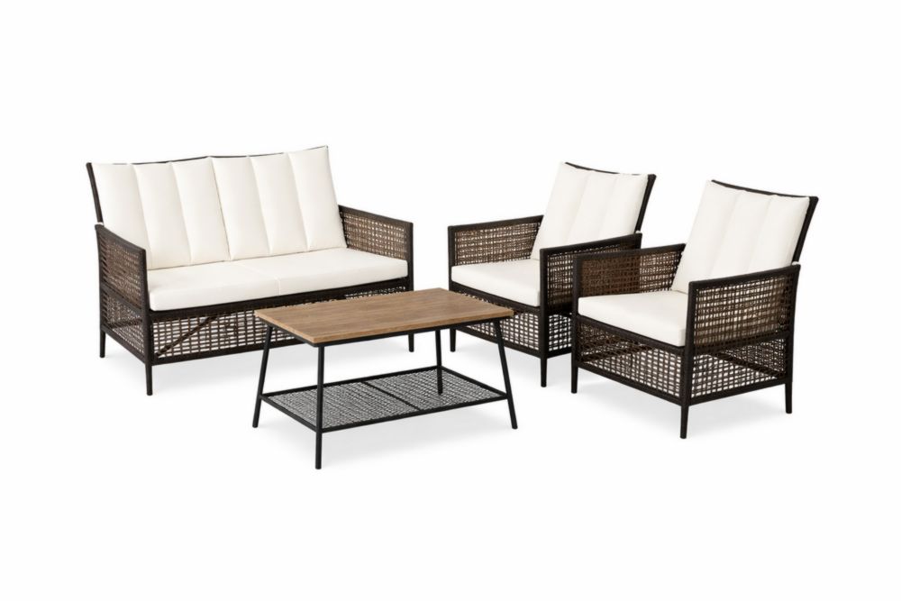 Ensemble de Salon de Jardin en Résine Tressée avec Coussins Blancs et Table en Bois