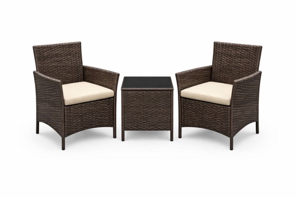 Ensemble de Jardin en Résine Tressée Marron avec Coussins Beiges et Table en Verre Trempé Noir