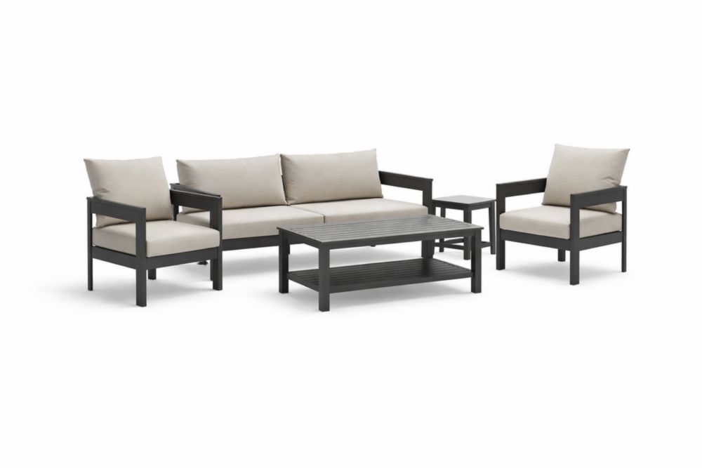Ensemble de salon de jardin en aluminium noir avec coussins beiges