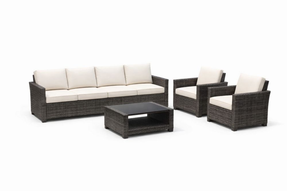 Ensemble de Salon en Résine Tressée Gris avec Coussins en Tissu Crème