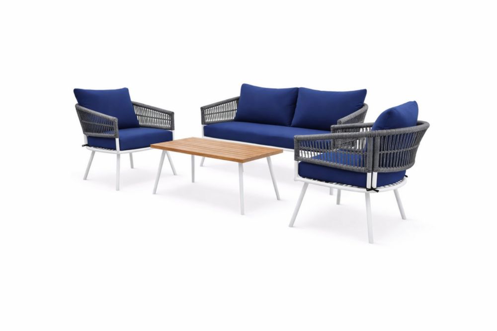 Ensemble de Jardin en Aluminium et Bois avec Coussins Bleu