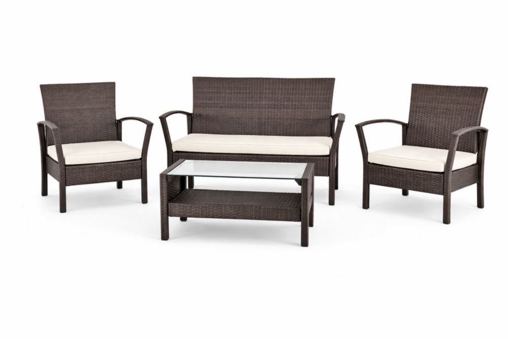 Salon de jardin en résine tressée marron avec coussins crème table basse en verre trempé