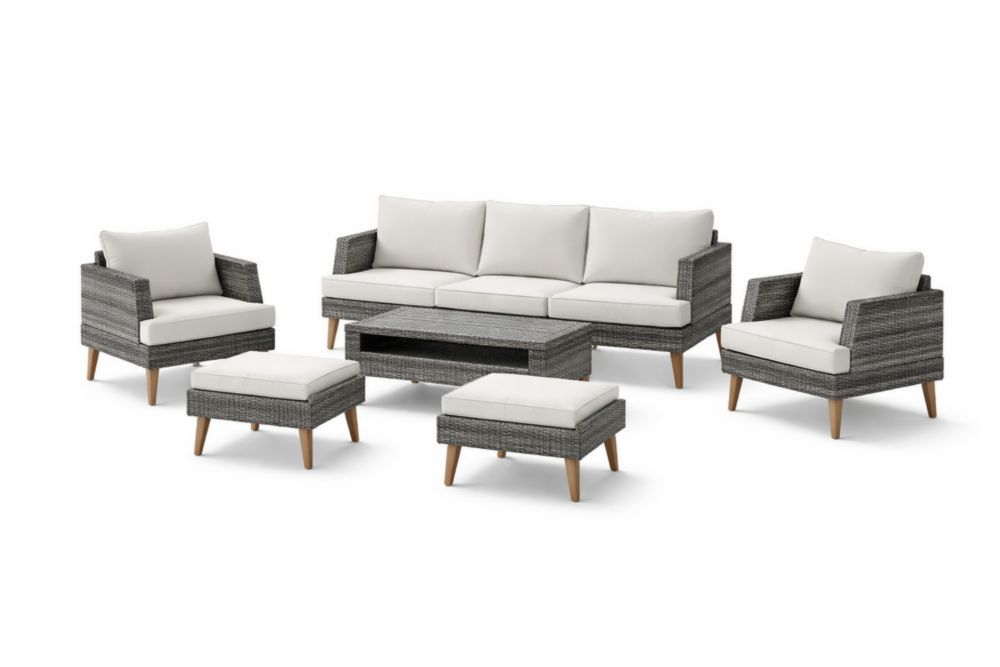 Ensemble de salon de jardin en résine tressée gris avec coussins blancs