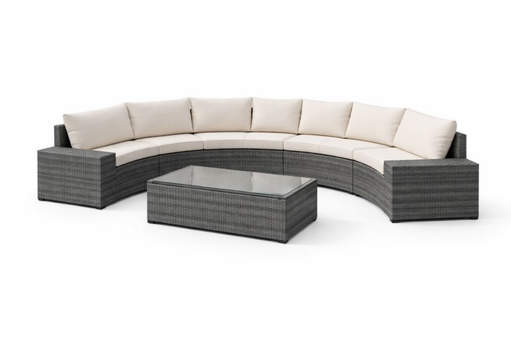 Ensemble de jardin en résine tressée gris avec coussins crème et table basse en verre