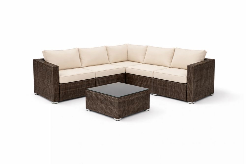 Ensemble canapé d'angle extérieur en rotin synthétique marron avec table en verre trempé