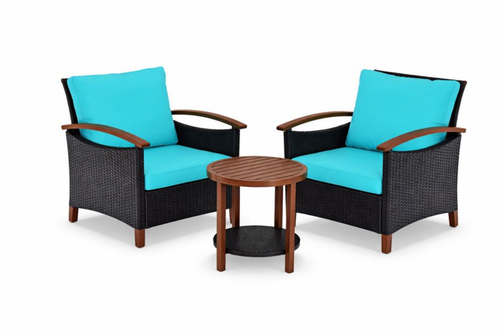 Ensemble de jardin en rotin PE noir avec coussins bleu et table ronde en bois d'acacia