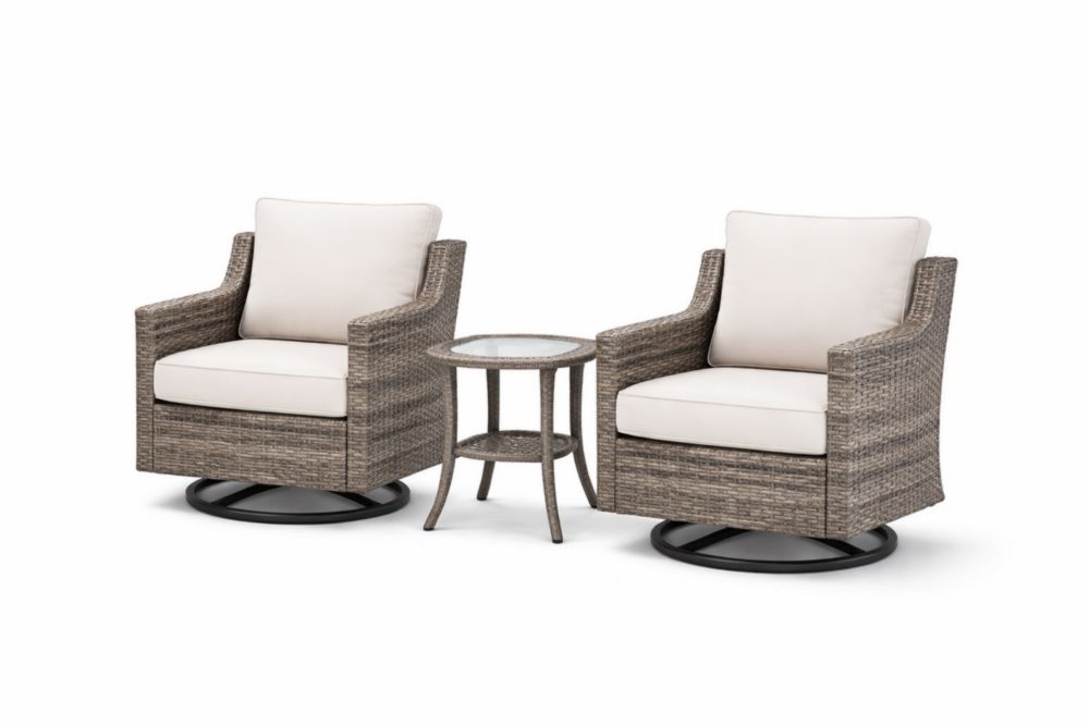 Ensemble de fauteuils pivotants en osier avec table en verre et coussins crème