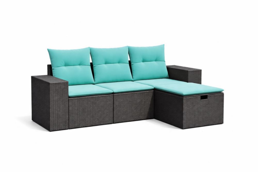 Canapé d'angle en résine tressée avec coussins turquoise