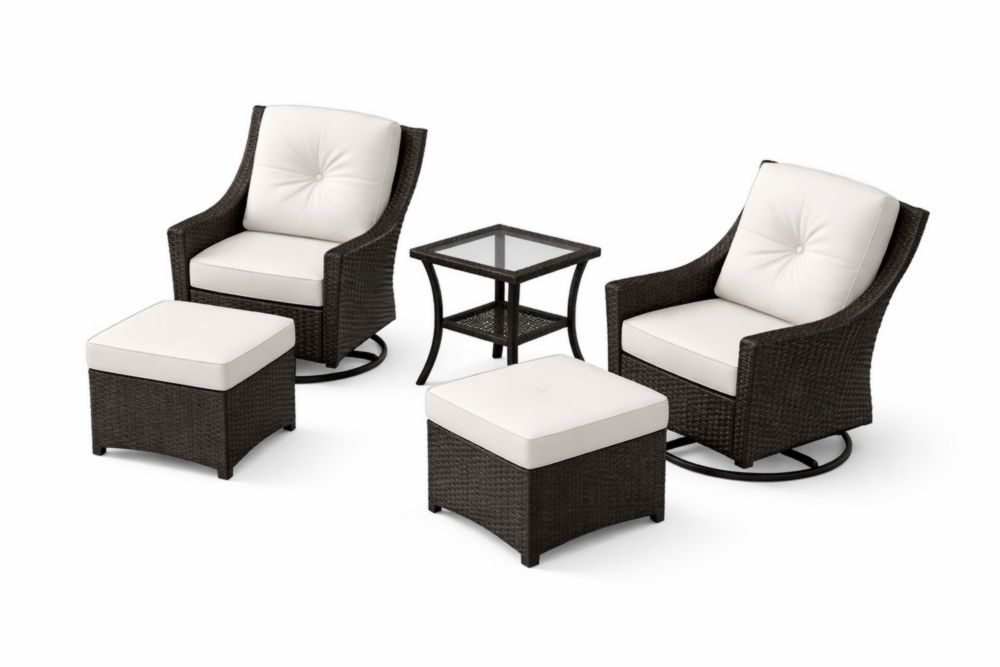 Ensemble de jardin 5 pièces en rotin et verre avec coussins crème