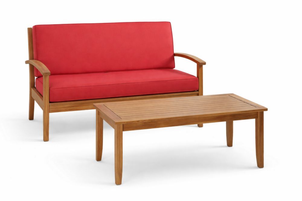 Ensemble de Mobilier de Jardin en Bois d'Acacia avec Canapé et Table, Coussins en Polyester Rouge