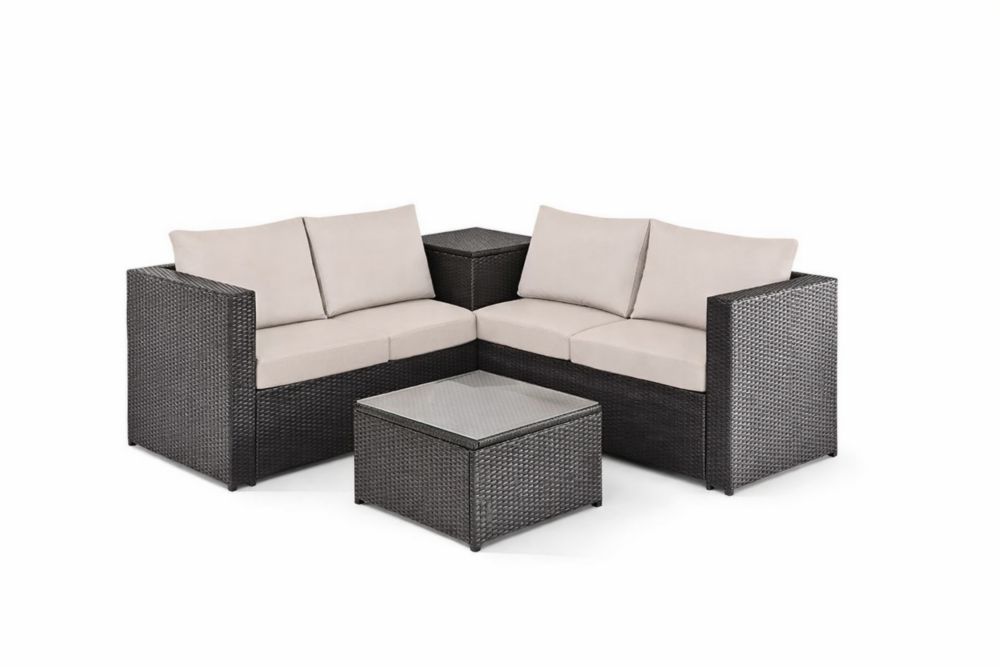 Ensemble de salon de jardin en résine tressée avec coussins beiges et table basse en verre