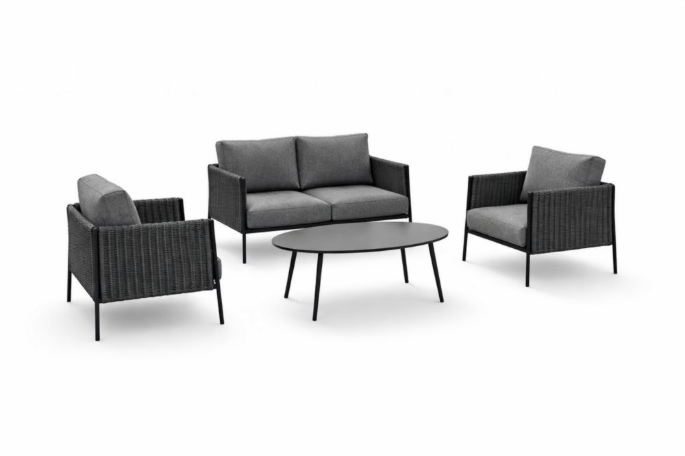 Salon de Jardin 4 Pièces Résine Acier Gris Tissu Polyester