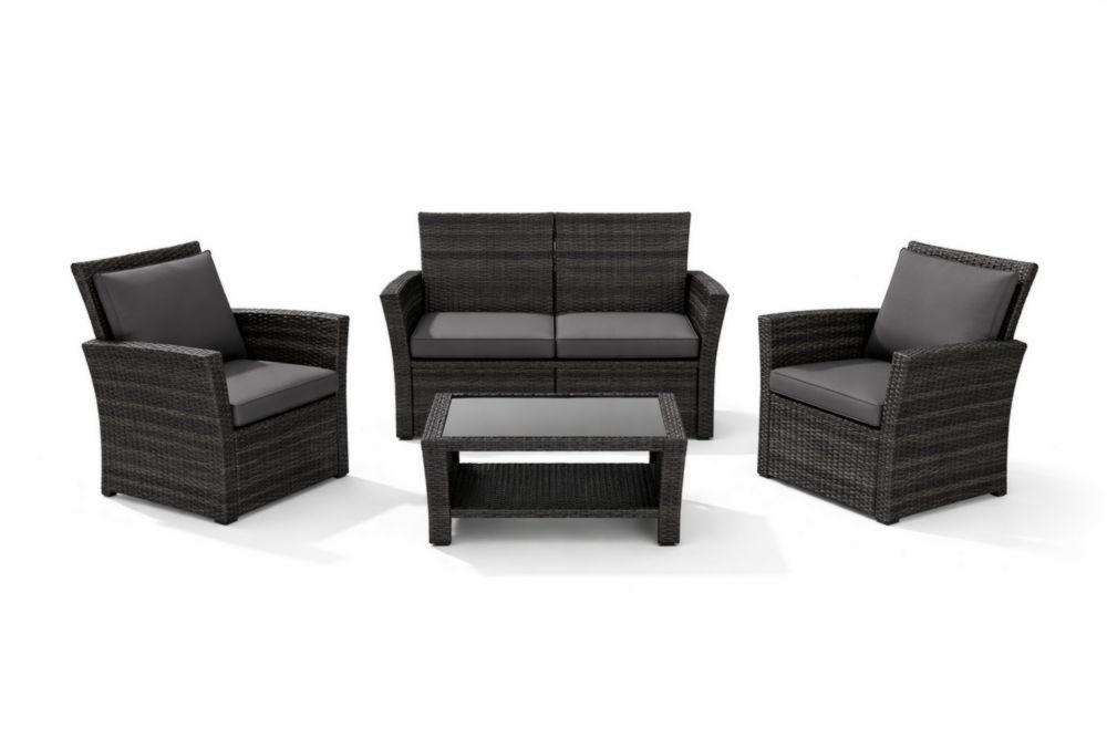 Ensemble de Salon de Jardin en Résine Osier Noir avec Coussins Gris