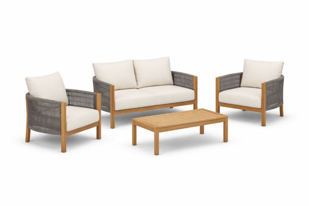 Ensemble Salon de Jardin 4 Pièces Bois d'Acacia Rotin Synthétique Coussins Crème