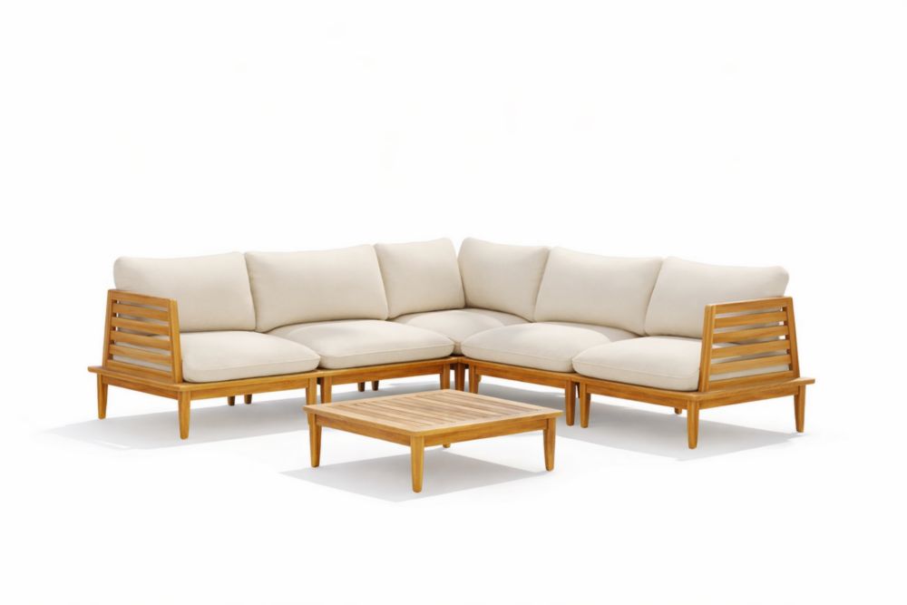 Canapé d'angle en Bois d'acacia avec coussins en tissu beige polyester