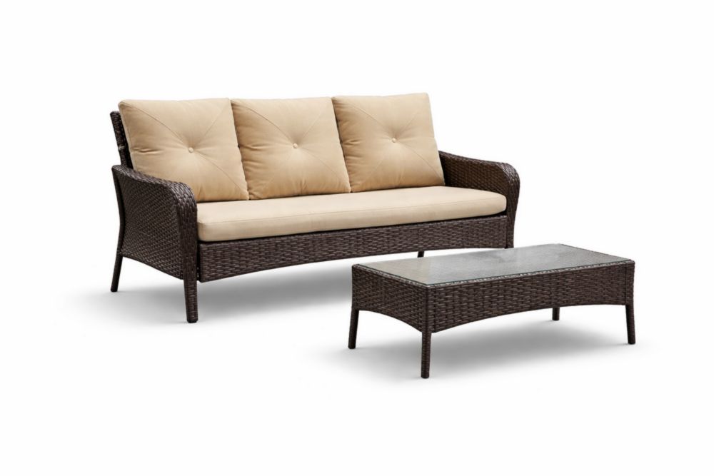 Ensemble Canapé en Résine Tressée Marron Coussins Beige Verre Trempé