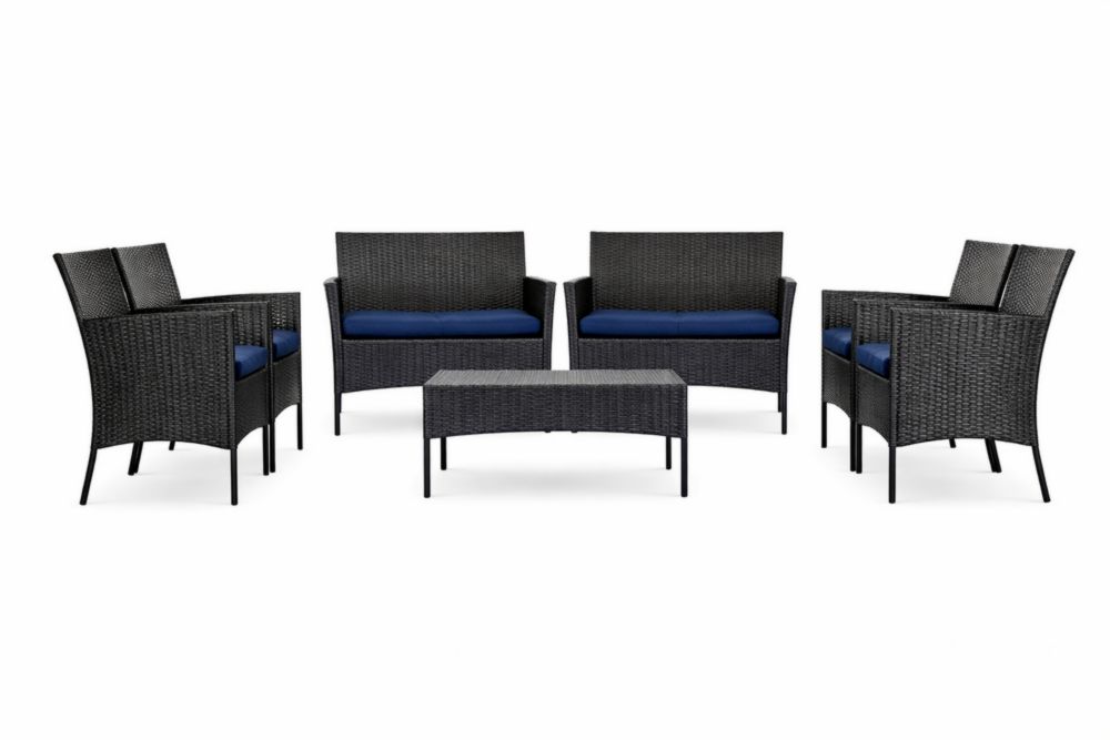 Ensemble mobilier de jardin en résine tressée avec coussins bleus