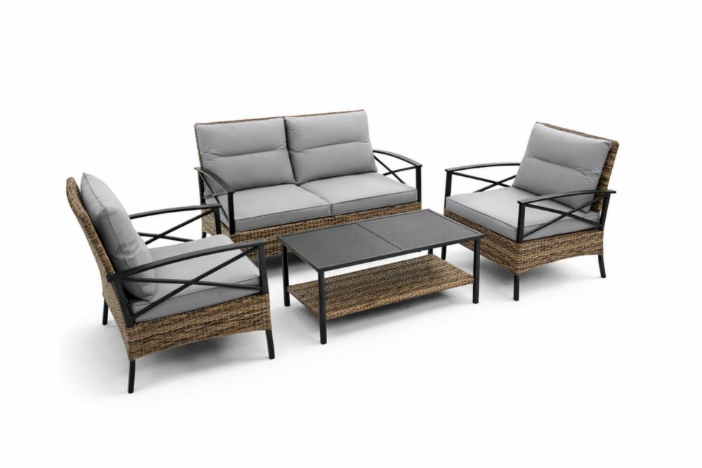 Ensemble salon de jardin en rotin acier et coussins gris