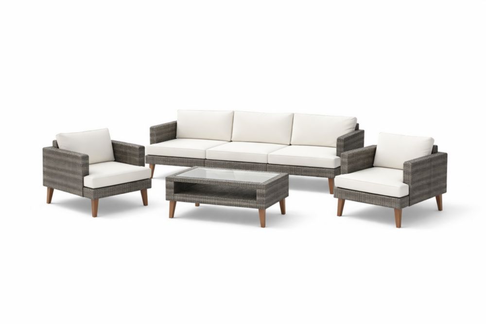 Ensemble de jardin en rotin avec coussins crème et table en verre